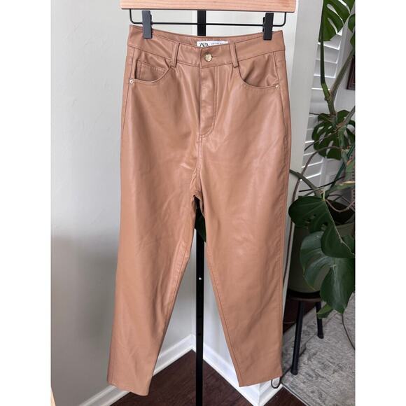 Zara Womens Faux Leather Tan Pants Straight Leg - Picture 1 of 3